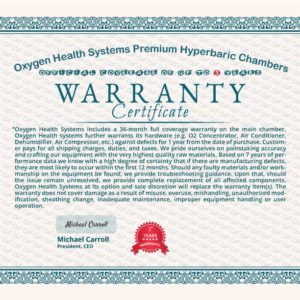 Hyperbaric Oxygen Chamber 3 years Warranty Certificate