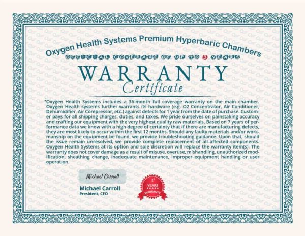 Hyperbaric Oxygen Chamber 3 years Warranty Certificate