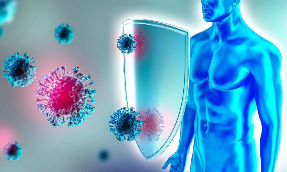 Several large viruses float toward a male human’s body, but a large shield prevents them from making contact with him.